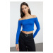 Trendyol Sax Ruffle/Drape Detailed Carmen Collar Crop/Short Fitted/Closed Knitted Blouse