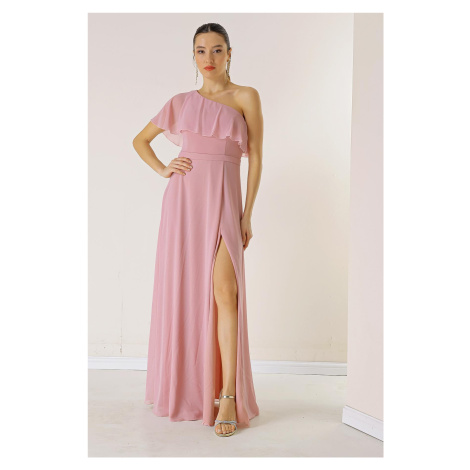 By Saygı One-Shoulder Flounce Lined Long Chiffon Dress