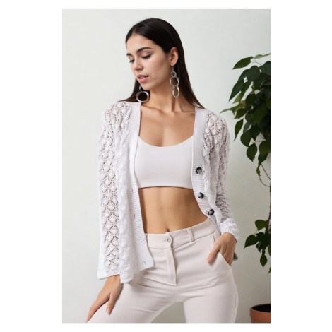 20317 Dewberry Patterned Buttoned Seasonal Cardigan-WHITE