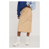 Bavlněná sukně Tommy Jeans béžová barva, midi, DW0DW17439