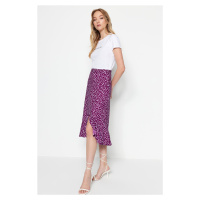 Trendyol Purple Printed High Waist Midi Stretchy Knitted Skirt with Gather Detail and Flounce