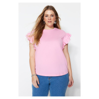 Trendyol Curve Růžové tričko s kulatým výstřihem a volánkovými rukávy