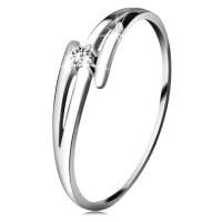 Briliantový prsten z bílého 14K zlata - rozdělená zvlněná ramena, čirý diamant