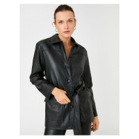 Koton Oversize Faux Leather Jacket Košilový límec s páskem