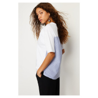 Trendyol White Striped Poplin Detailed Oversize/Wide Pattern Knitted T-Shirt