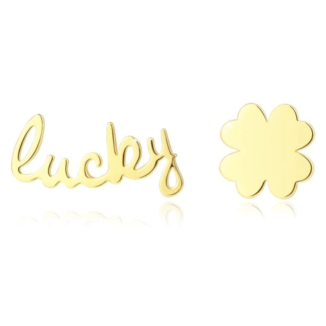 Puzetové náušnice ze žlutého zlata 585 - čtyřlístek a nápis "lucky" Šperky eshop