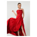 Lafaba Women's Red Ruffles and Slit Satin Evening & Prom Dress