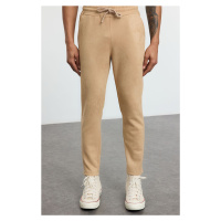 Trendyol Beige Slim Fit Elastic Waist Tie Suede Trousers