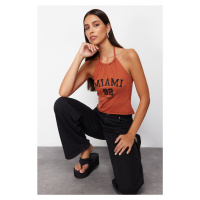 Trendyol Orange Barbell Neck Slogan Printed Blouse Knitted Undershirt