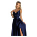 CHIARA - Elegantní tmavě modré dámské dlouhé saténové maxi šaty na ramínkách 299-12