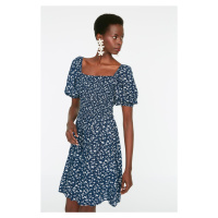 Trendyol Navy Blue Floral Skater/Belt Opening Gippeli Viscose Mini Woven Dress