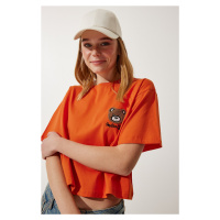 Happiness İstanbul Women's Orange Teddy Bear Crest Crop Knitted T-Shirt