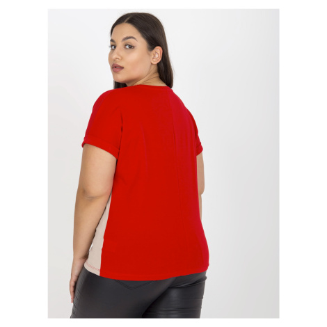 Červené a béžové tričko větší velikosti s kulatým výstřihem Fashionhunters