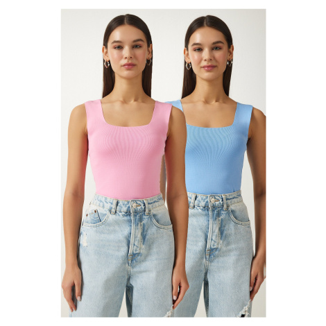 Happiness İstanbul Women's Pink Sky Blue Square Collar Thick Strap 2 Pack Knitwear Blouse