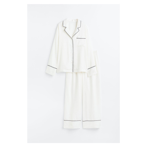 H & M - Saténové pyžamo: košile a kalhoty - bílá H&M