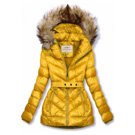 Žlutá zimní krátká bunda s hnědou kožešinou | Modio.cz