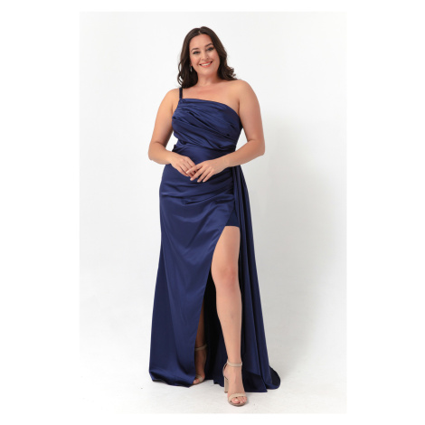Lafaba Women's Navy Blue One-Shoulder Plus Size Satin Evening Dress & Prom Dress
