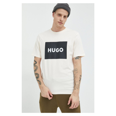 Bavlněné tričko HUGO béžová barva, s potiskem Hugo Boss