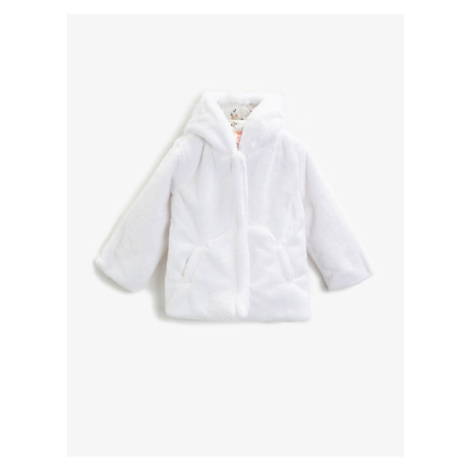 Koton Girl's White Hooded Plush Zippered Coat