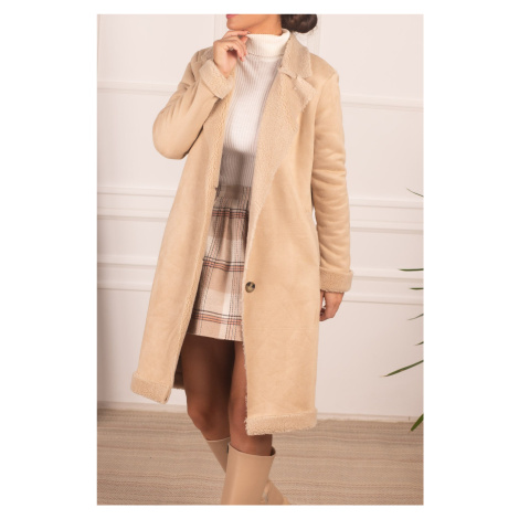 armonika Women's Beige Pocket Long Suede Coat