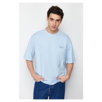 Trendyol Light Blue Oversize 100% Cotton Crew Neck Minimal Text Printed T-Shirt