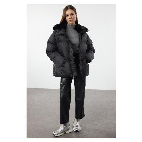 Trendyol Black Regular Fit Fur Collar Belted Puffer Coat