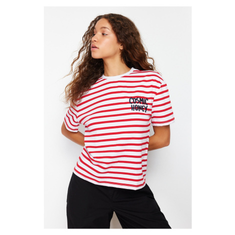 Trendyol Red-White Striped Slogan Embroidery Detailed Relaxed/Comfortable Fit Knitted T-Shirt