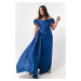 Lafaba dámské indigo šaty s lodním límcem, dlouhé saténové večerní šaty a plesové šaty