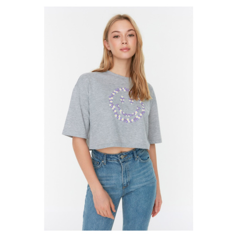 Trendyol Gray Melange Petite Printed Loose Crop Knitted T-Shirt