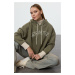 Trendyol Khaki Thick Polar Fleece Knitted Stripe Detailed Hooded Sweatshirt