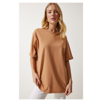 Happiness İstanbul Women's Biscuit Crew Neck Basic Oversize Knitted T-Shirt