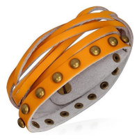 Kožený náramek - oranžové pásky, zlaté polokoule a pletenec