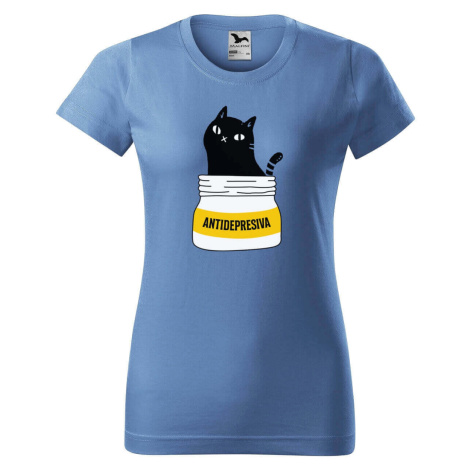 DOBRÝ TRIKO Dámské tričko s potiskem s kočkou ANTIDEPRESIVA Barva: Azurová modrá