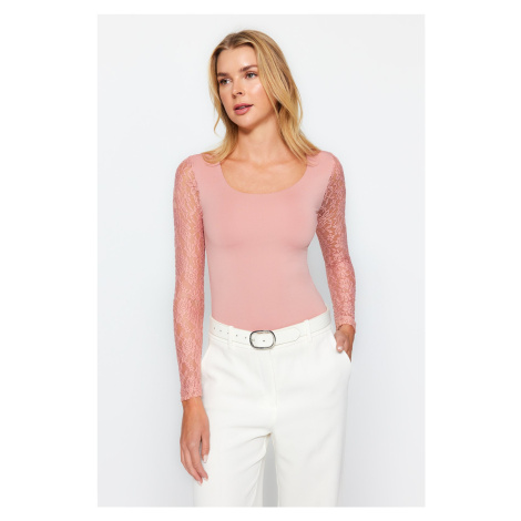 Trendyol Pale Pink Square Neck Lace Sleeve Knitted Bodysuit