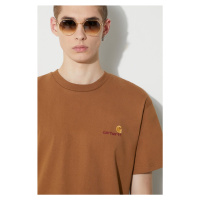 Bavlněné tričko Carhartt WIP S/S American Script T-Shirt hnědá barva, s aplikací, I029956.HZXX