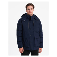 Ombre Men's winter jacket with detachable hood and cargo pockets - navy blue
