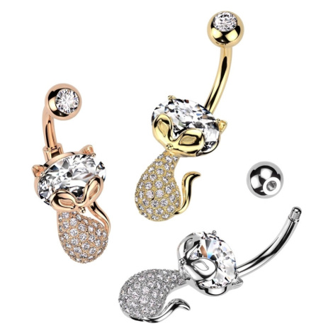 Ocelový piercing do pupíku - motiv kočky, čirý zirkon - Barva: Zlatá Šperky eshop