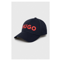 Bavlněná baseballová čepice HUGO tmavomodrá barva, s aplikací