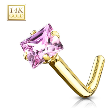 Zahnutý piercing do nosu ze žlutého 14K zlata - čtvercový zirkon, světle růžová barva, 0,8 mm Šperky eshop