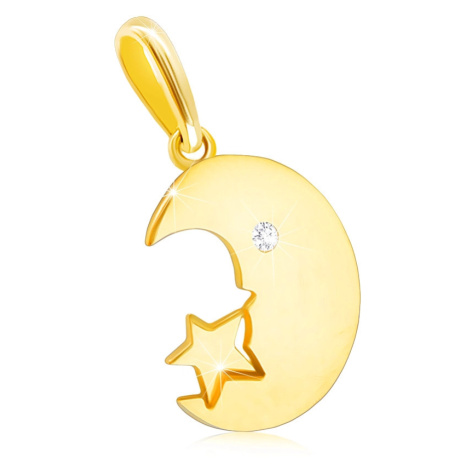 Přívěsek ve žlutém 9K zlatě - měsíček s čirým zirkonem, drobná hvězdička Šperky eshop