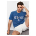 Trendyol Blue Relaxed/Comfortable Cut Faded Text Printed Embroidered 100% Cotton T-Shirt