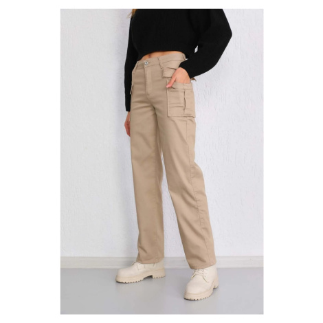 BİKELİFE Cargo Pocket High Waist Straight Fit Lycra Trousers