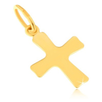 Lesklý přívěsek ze žlutého 14K zlata - plochý malý kříž, mírně se rozšiřující ramena