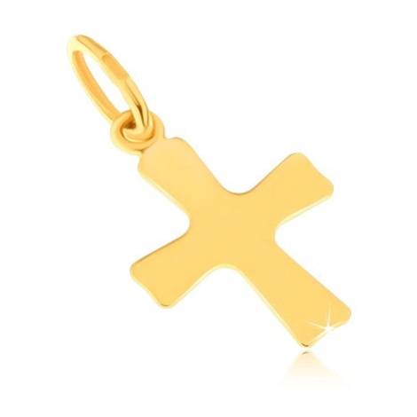 Lesklý přívěsek ze žlutého 14K zlata - plochý malý kříž, mírně se rozšiřující ramena Šperky eshop