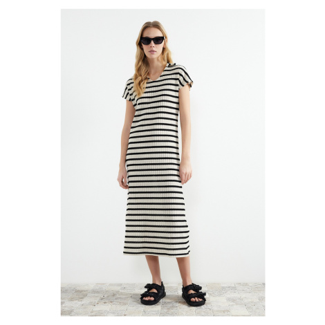 Trendyol White Striped Knitted Look Polo Neck Maxi Knitted Maxi Dress