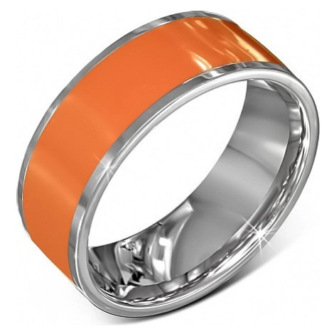 Hladký ocelový kroužek v oranžové barvě se stříbrným okrajem Šperky eshop