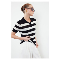 Trendyol Black Polo Neck Striped Knitwear Slim Blouse