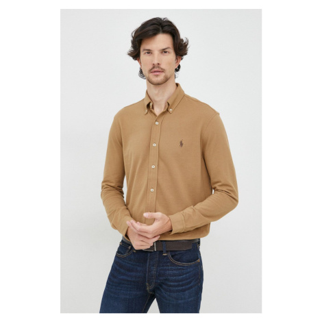 Bavlněné tričko Polo Ralph Lauren béžová barva, regular, s límečkem button-down
