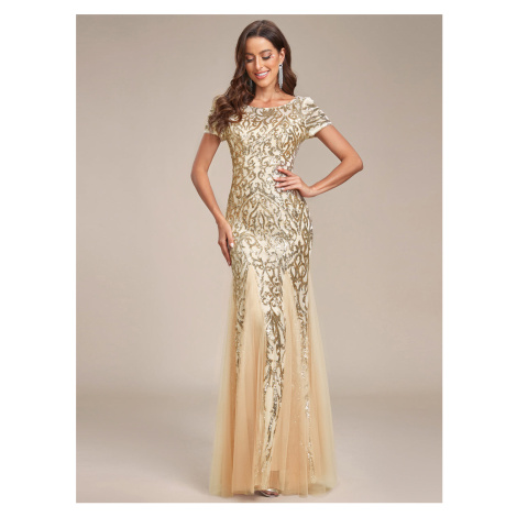 Flitrové a síťované večerní šaty s kulatým výstřihem - GOLD Ever-Pretty