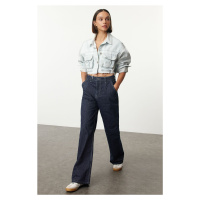 Trendyol Dark Blue Striped High Waist Wide Leg Jeans